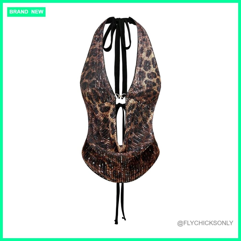 Sequin Cheetah Print Corset Halter Top Y2K Tie Back Crop
